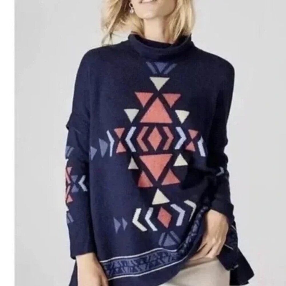 J. Jill Sweater, Small, Navy w/ Southwestern Aztec Geometrical Design